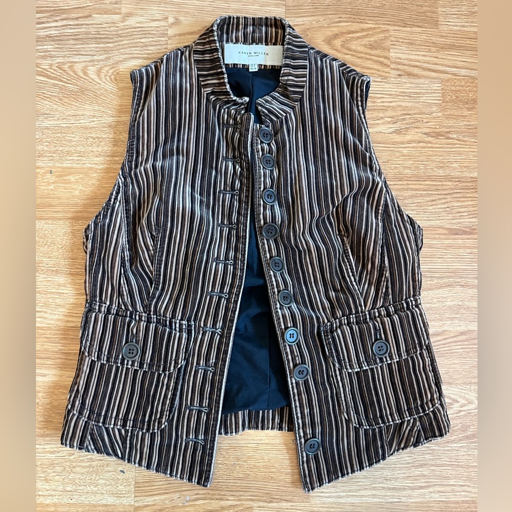 Karen Millen Brown Black Beige Cream Striped Velvet Vest US 4